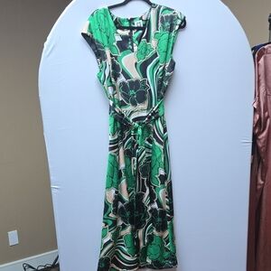 Green & Light Pink Floral Women's Midi Dress